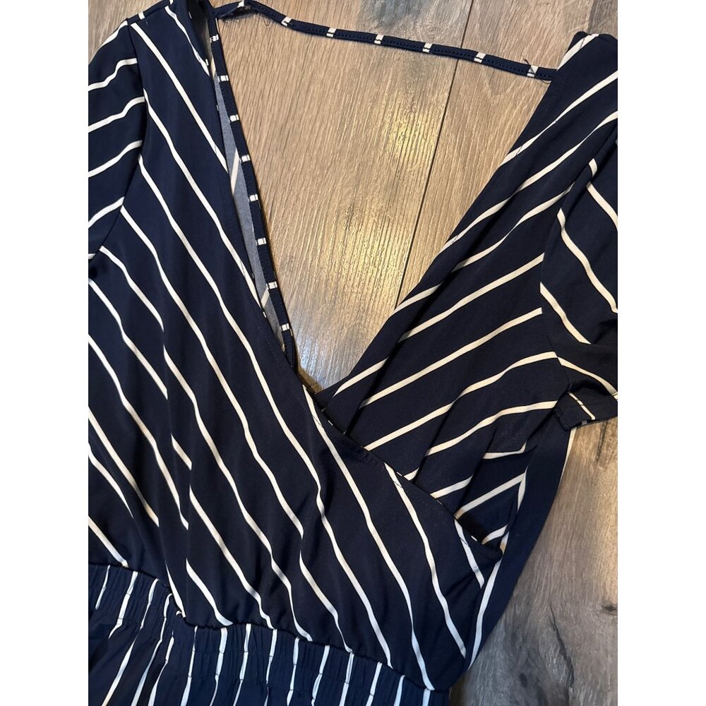 Navy & White Striped Jumpsuit Express XS Short Sleeves V-Neck & Elastic Waist - Picture 2 of 10